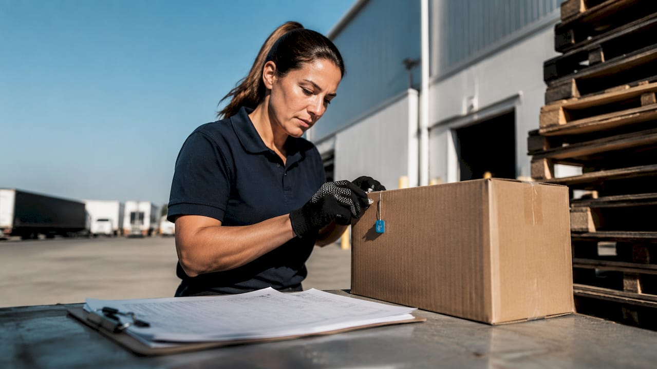 Courier inspecting sealed shipment box