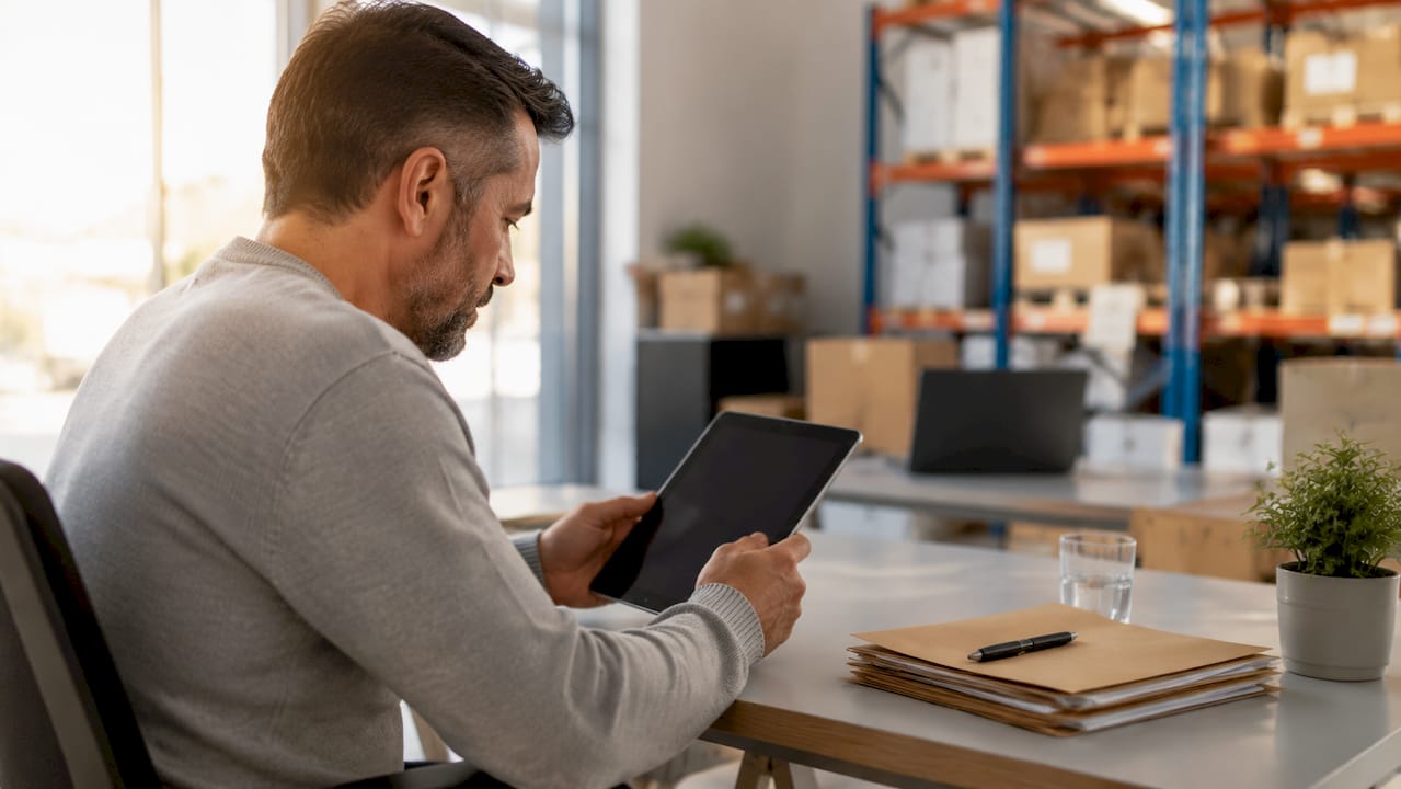 Hands reviewing shipment documents on tablet