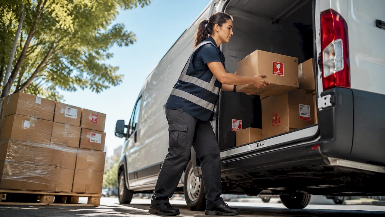 Courier loading urgent delivery package into van