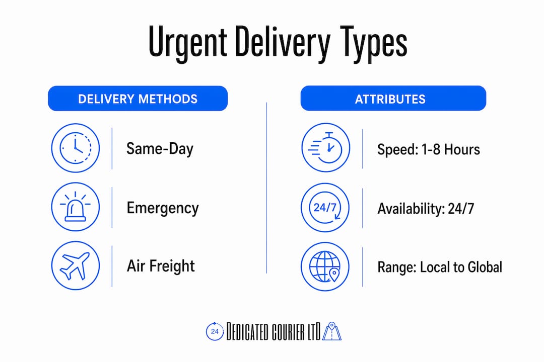 Infographic comparing urgent delivery methods and attributes