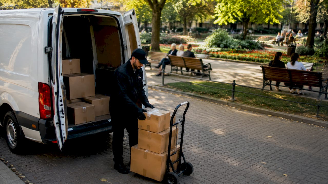 Courier unloading parcels for rapid delivery