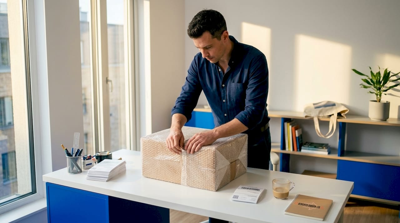 Small business owner packing urgent delivery package