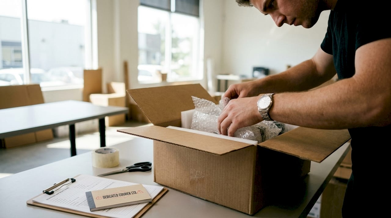 Hands packing fragile items with cushioning