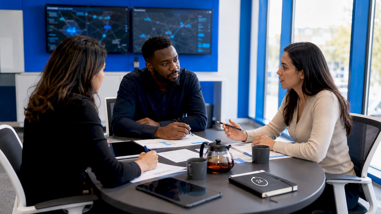 Team managing AI predictive logistics in control room