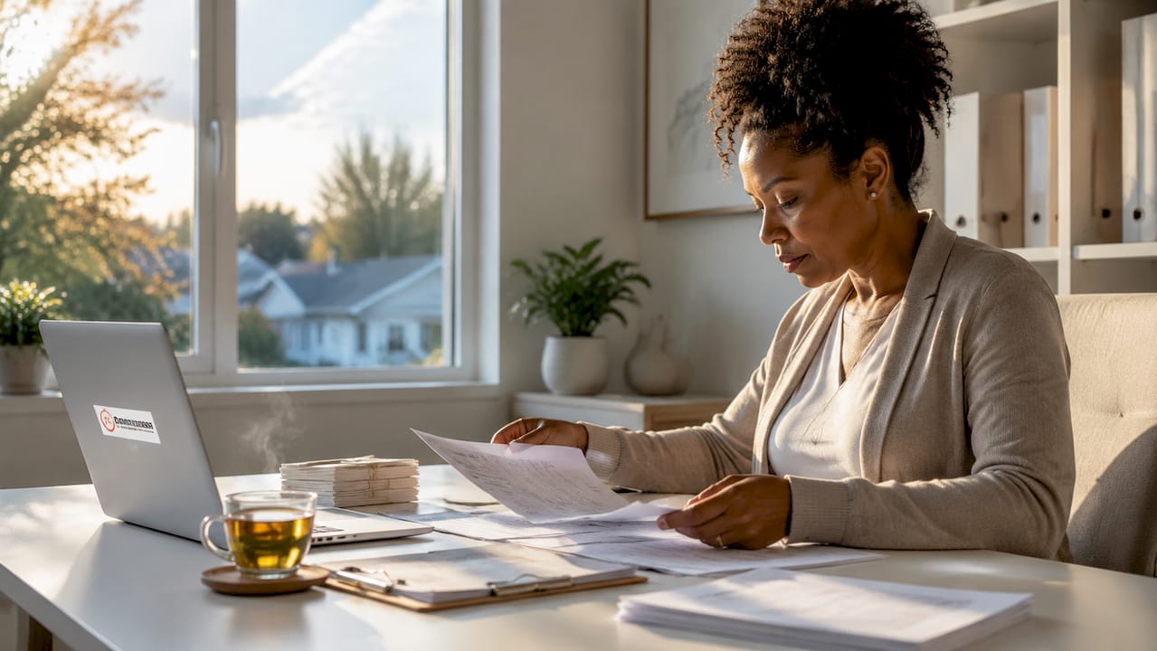 Businesswoman sorting documents at office desk