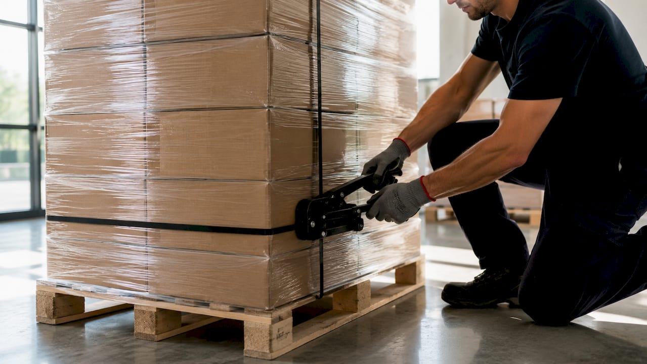 Close-up of GMA pallet with boxes and strapping