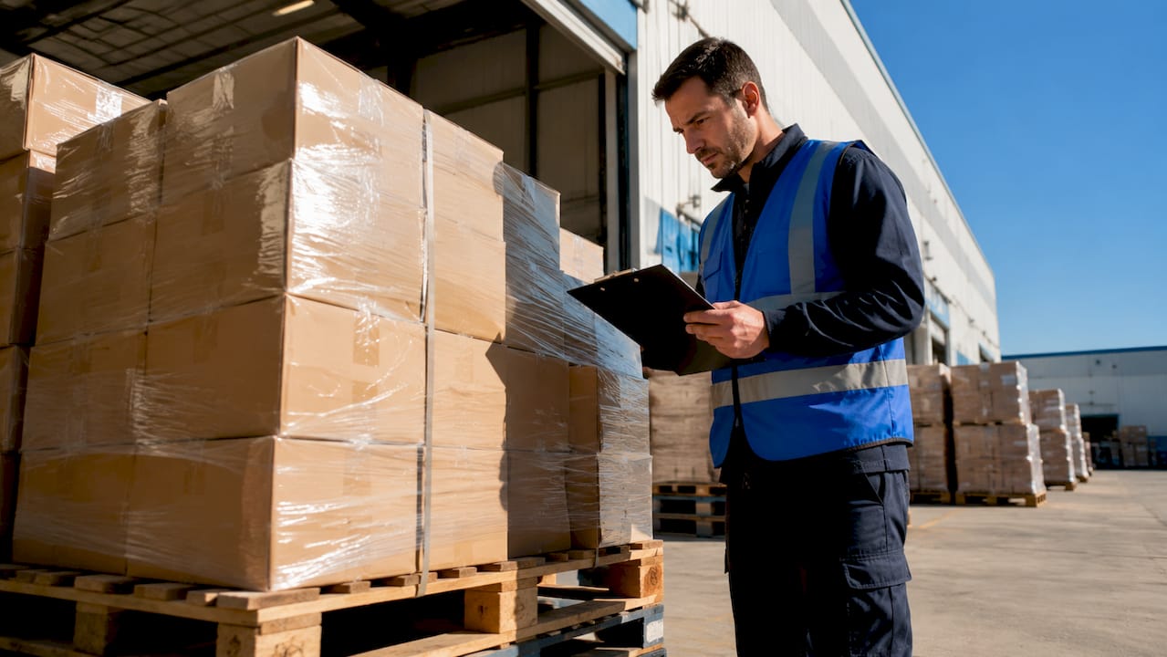Supervisor inspecting loaded pallet at warehouse