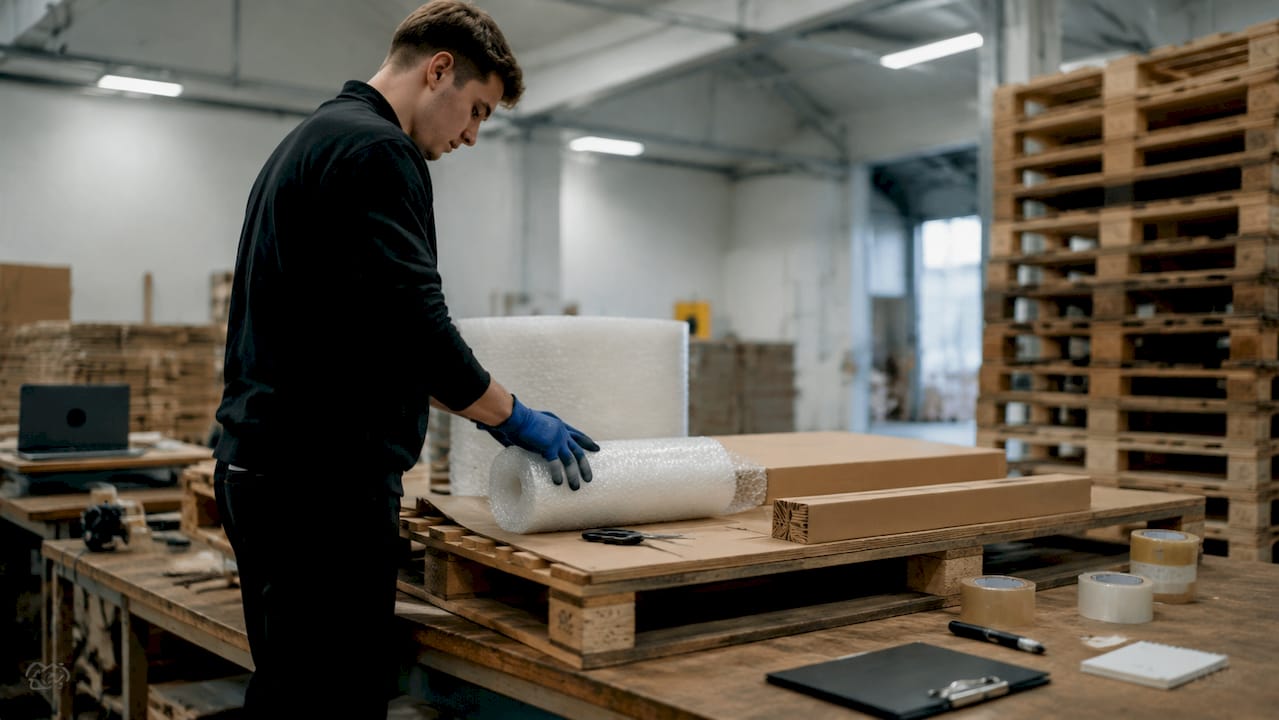 Hands preparing pallet with packaging materials