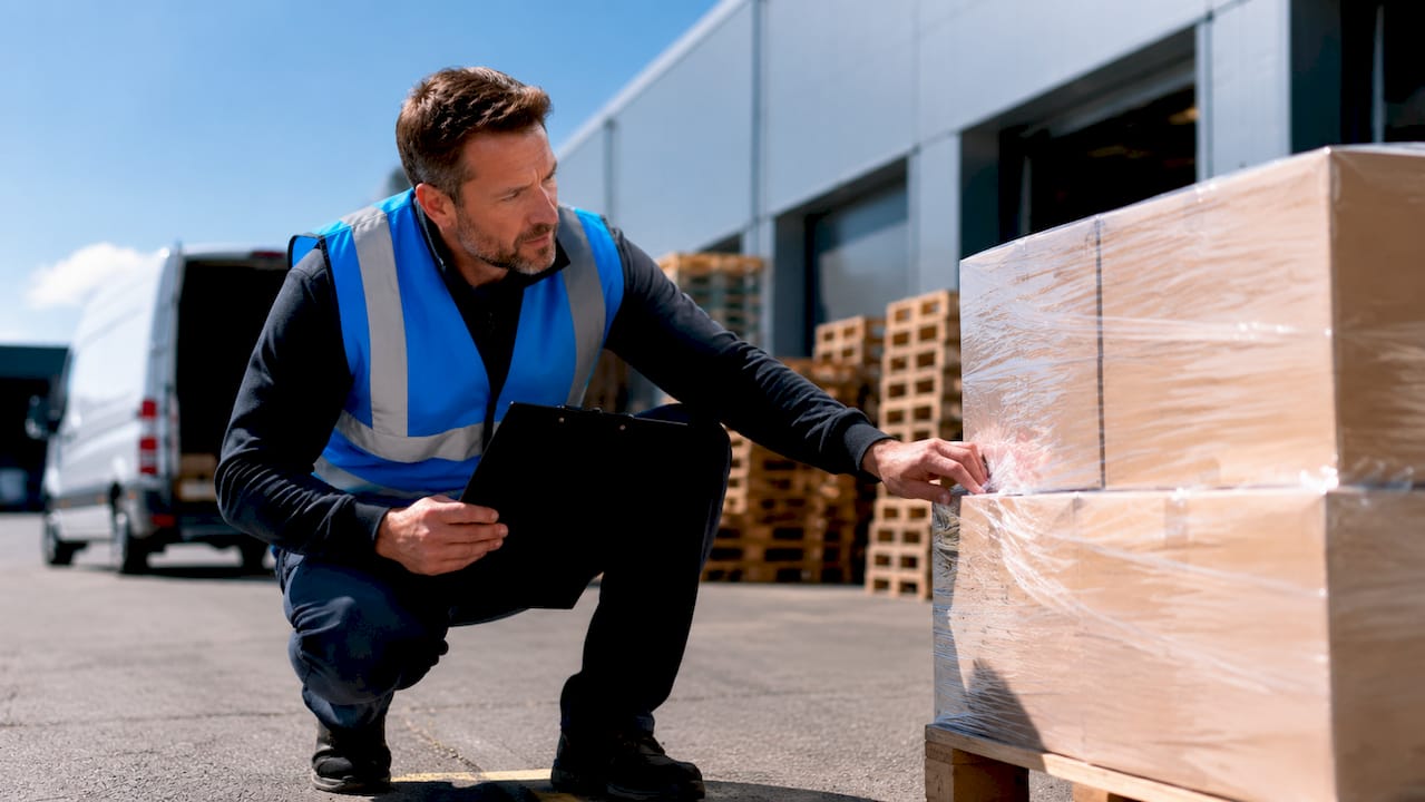 Logistics manager inspecting loaded pallet in warehouse