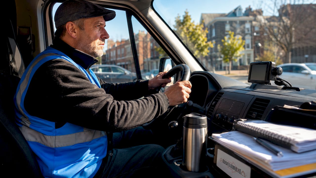 Delivery driver navigating route from inside van