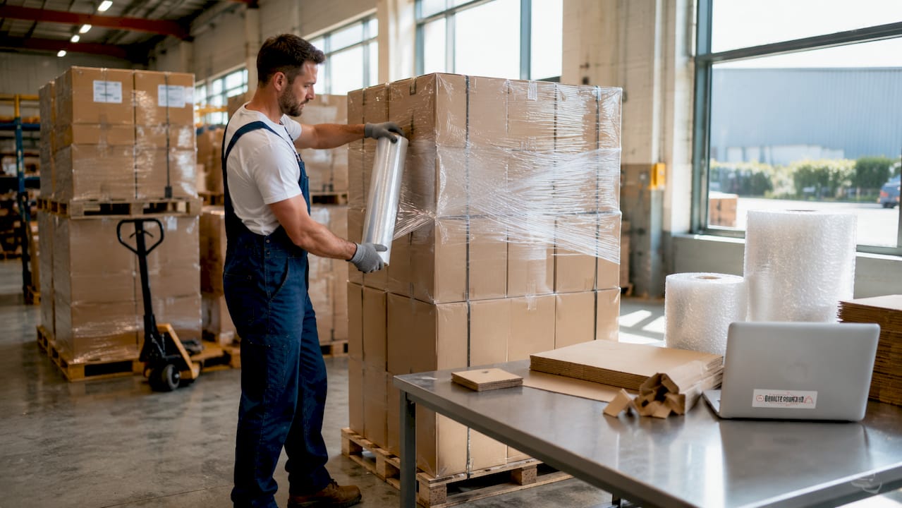 Hands wrapping heavy items securely on a pallet