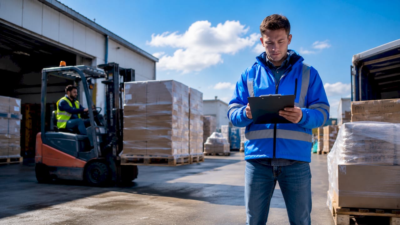 Warehouse manager checking pallets in large storage