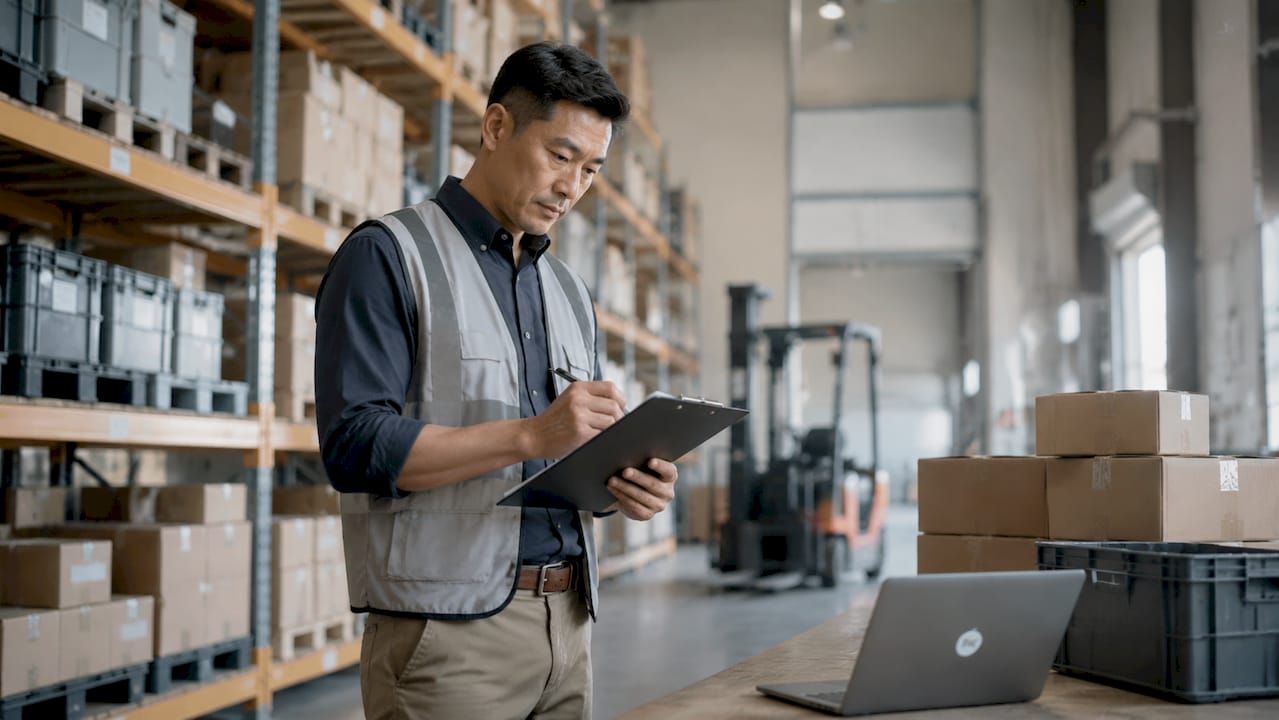 Logistics manager inspecting warehouse inventory