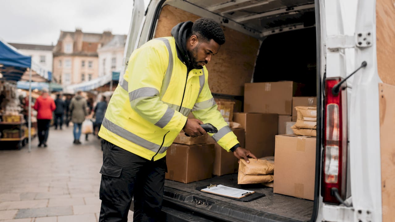 Courier sorting packages inside delivery van