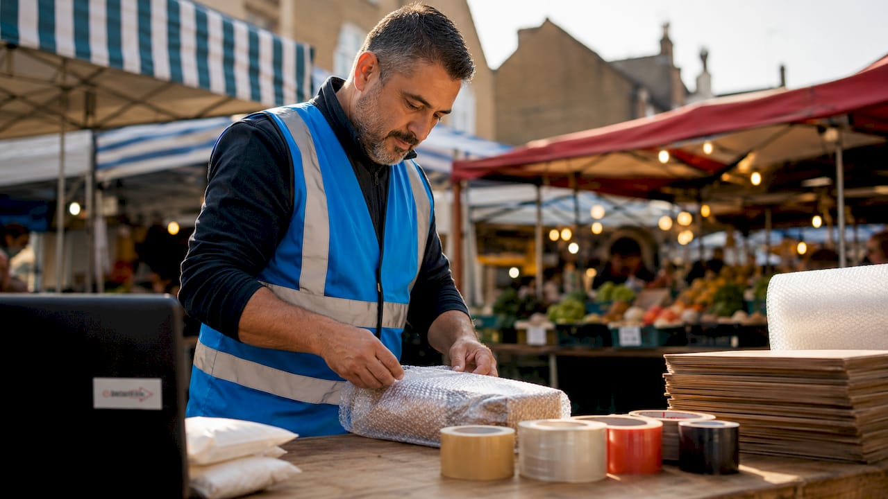 Courier packing parcels for urgent delivery