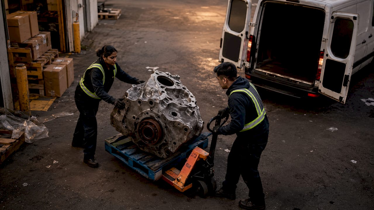 Workers loading automotive part for urgent shipment