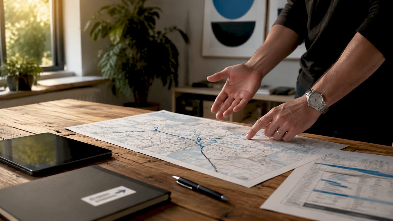 Hands pointing at courier route map