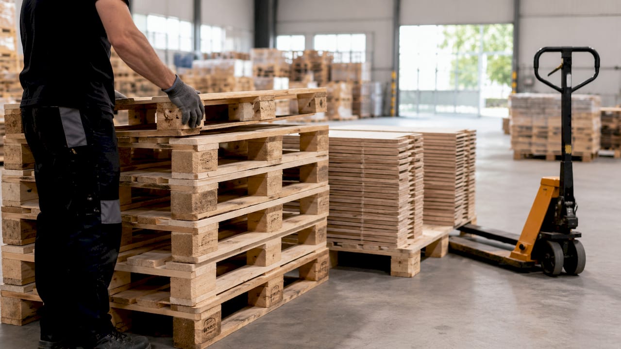 Hands arranging pallet materials in warehouse