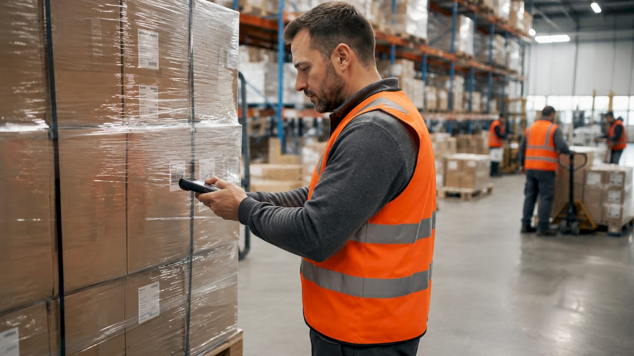 Worker scanning pallet in warehouse