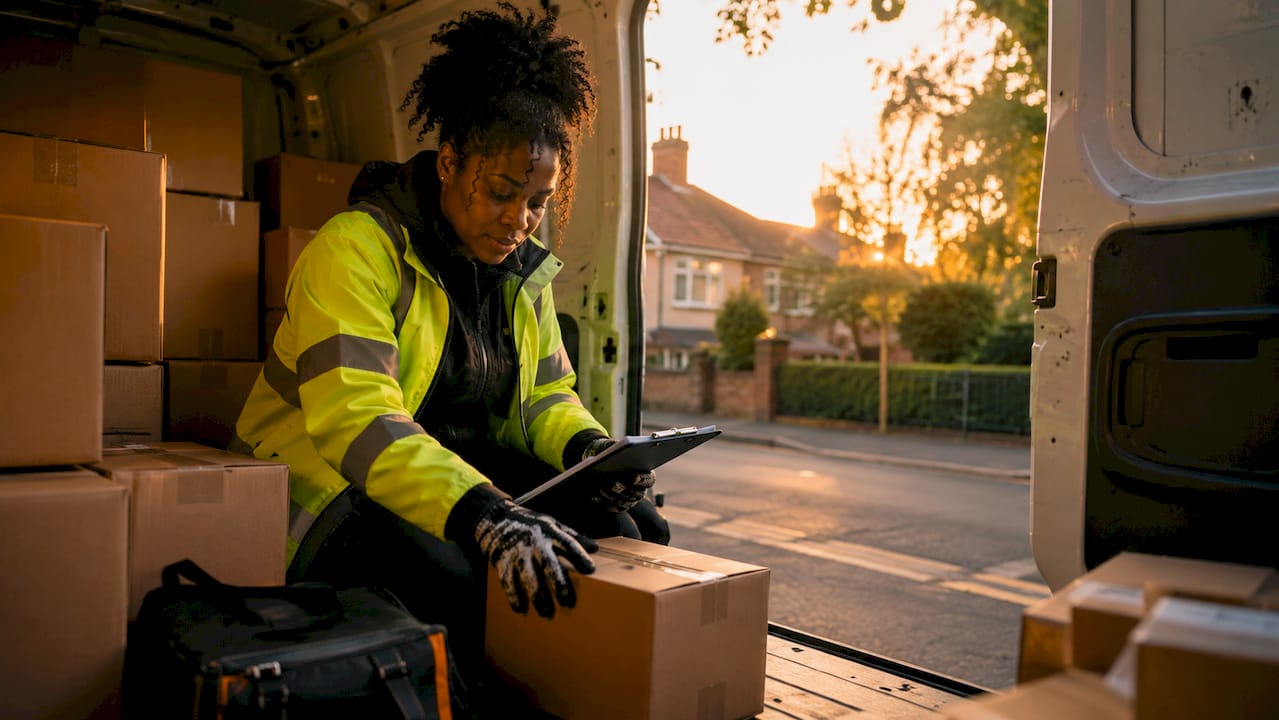 Courier loading packages into delivery van