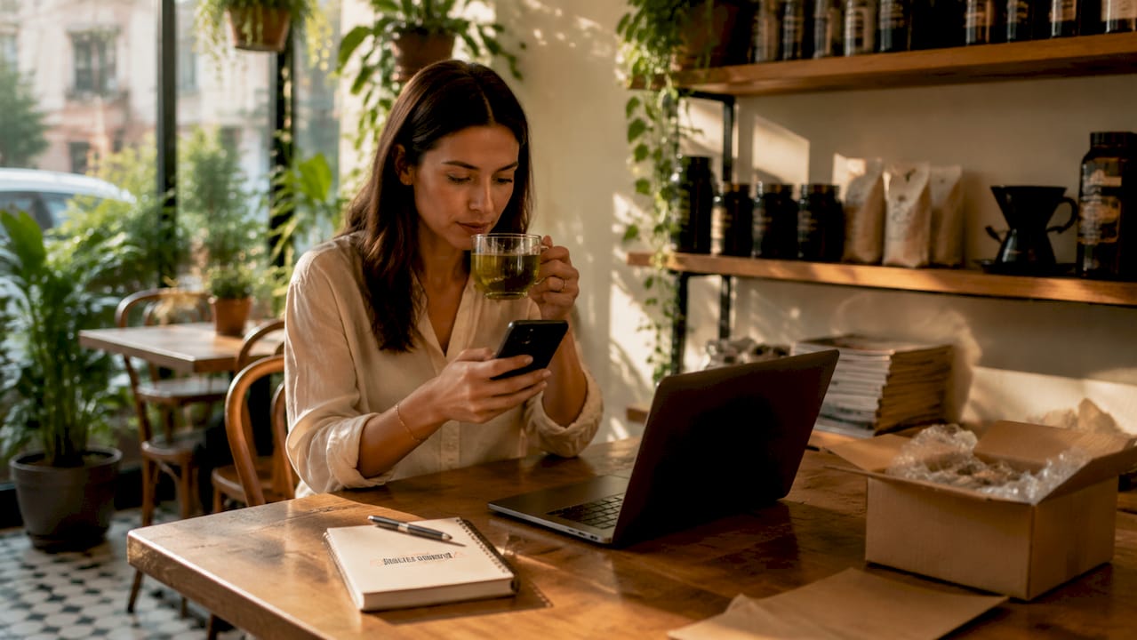 Woman browsing online shopping at kitchen table