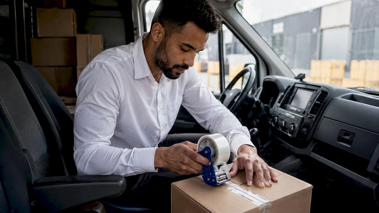 Courier sealing parcel with tamper-evident tape inside delivery van