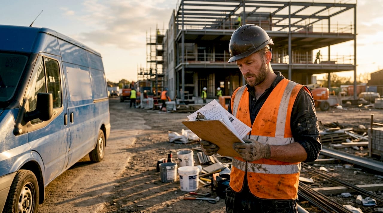 Courier at construction site with delivery van