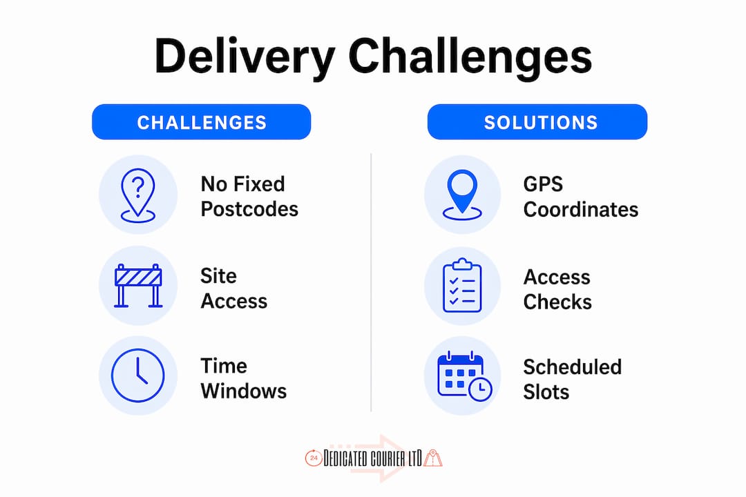 Infographic comparing courier delivery challenges and solutions on construction sites
