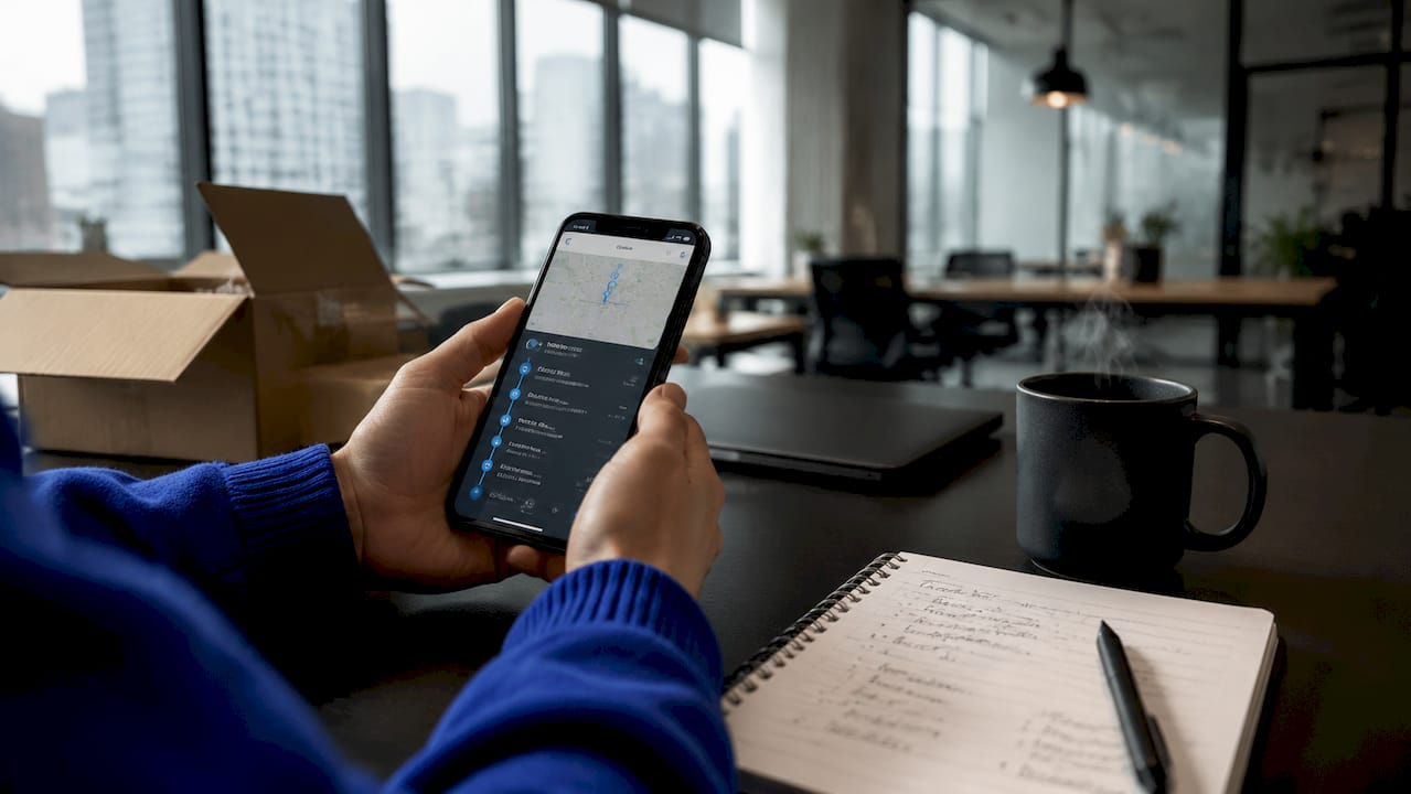 Hands holding smartphone tracking delivery
