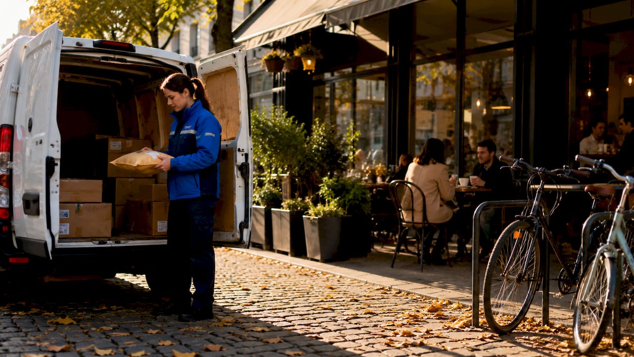 Courier delivering parcel to suburban home