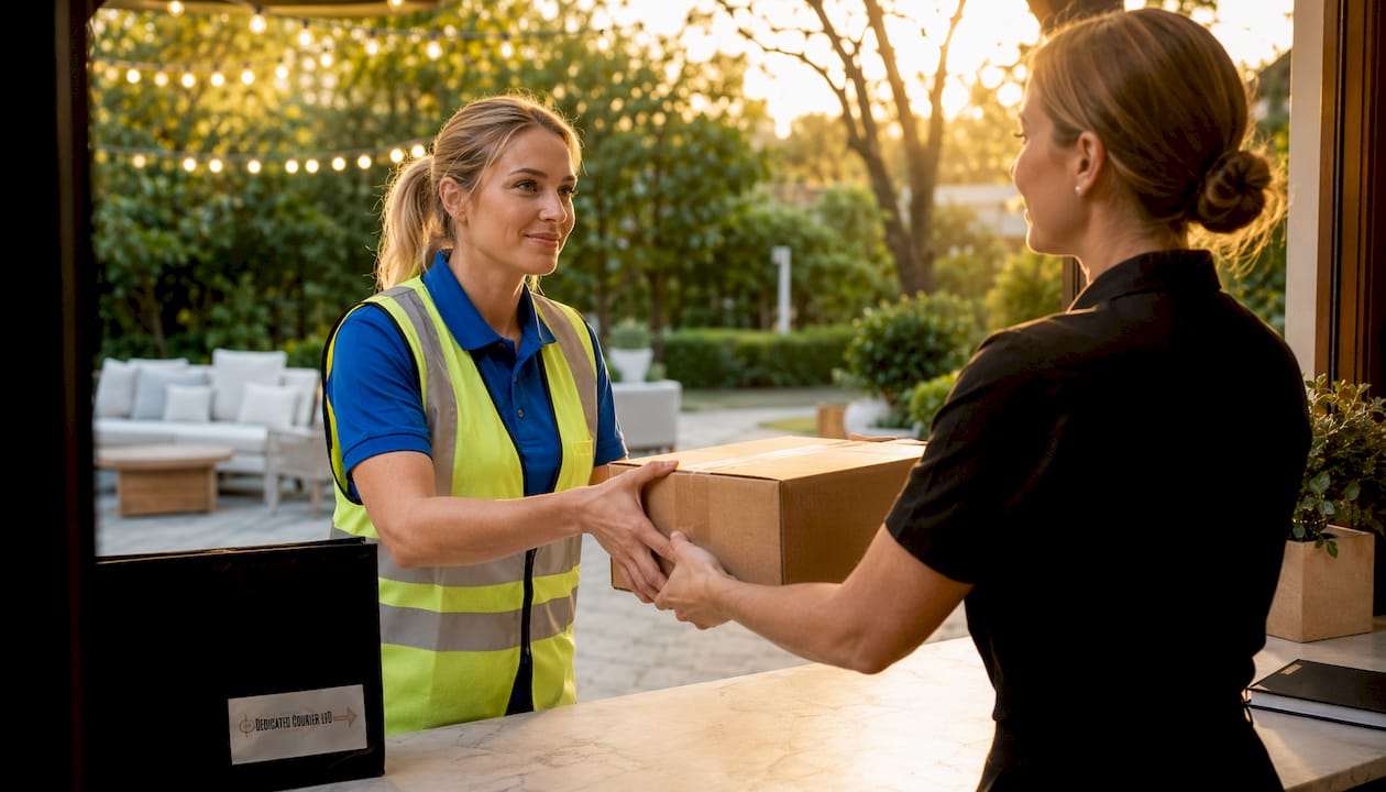Courier handing package to event staff indoors