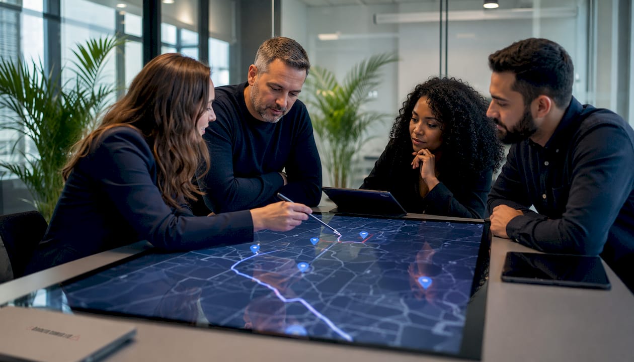 Team planning courier routes over UK map