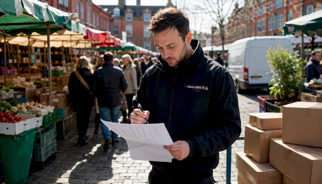 Courier checking delivery manifest by dedicated van