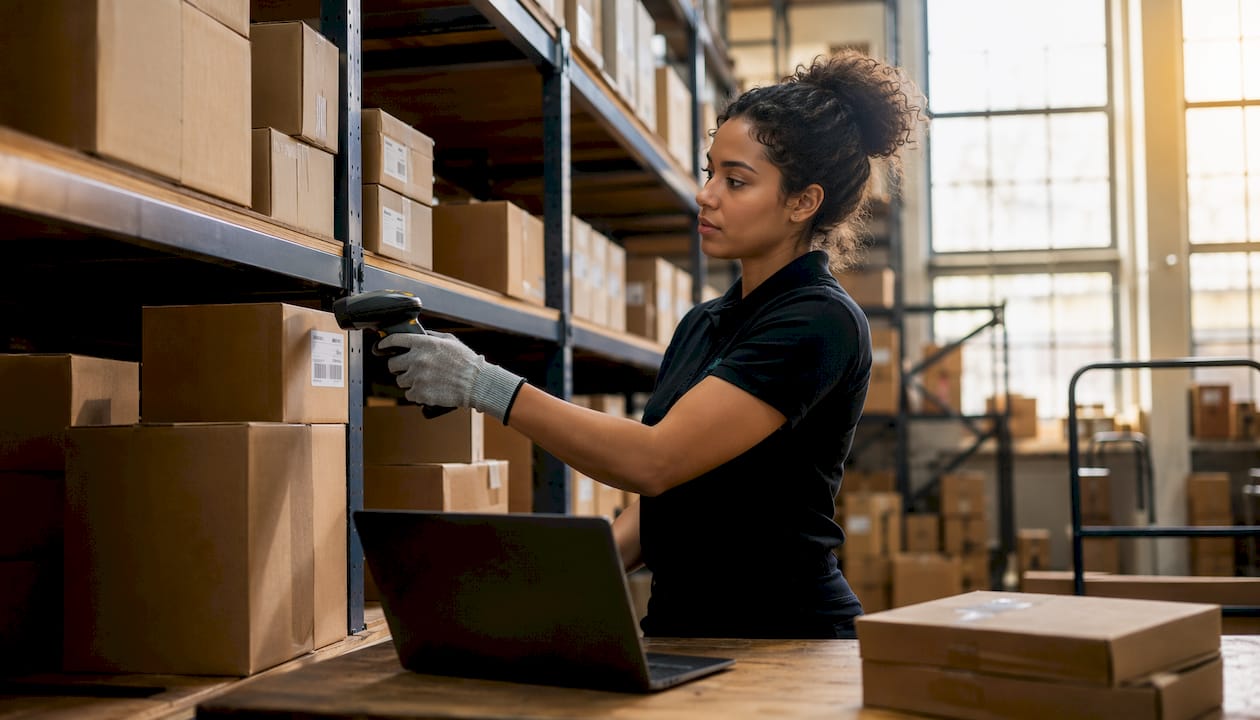 Warehouse worker scanning corporate inventory stock