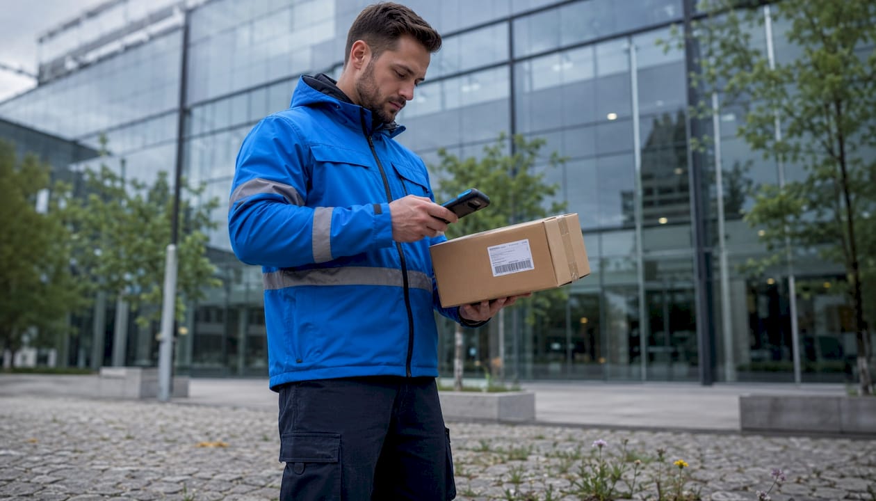 Courier delivering package outside UK office building
