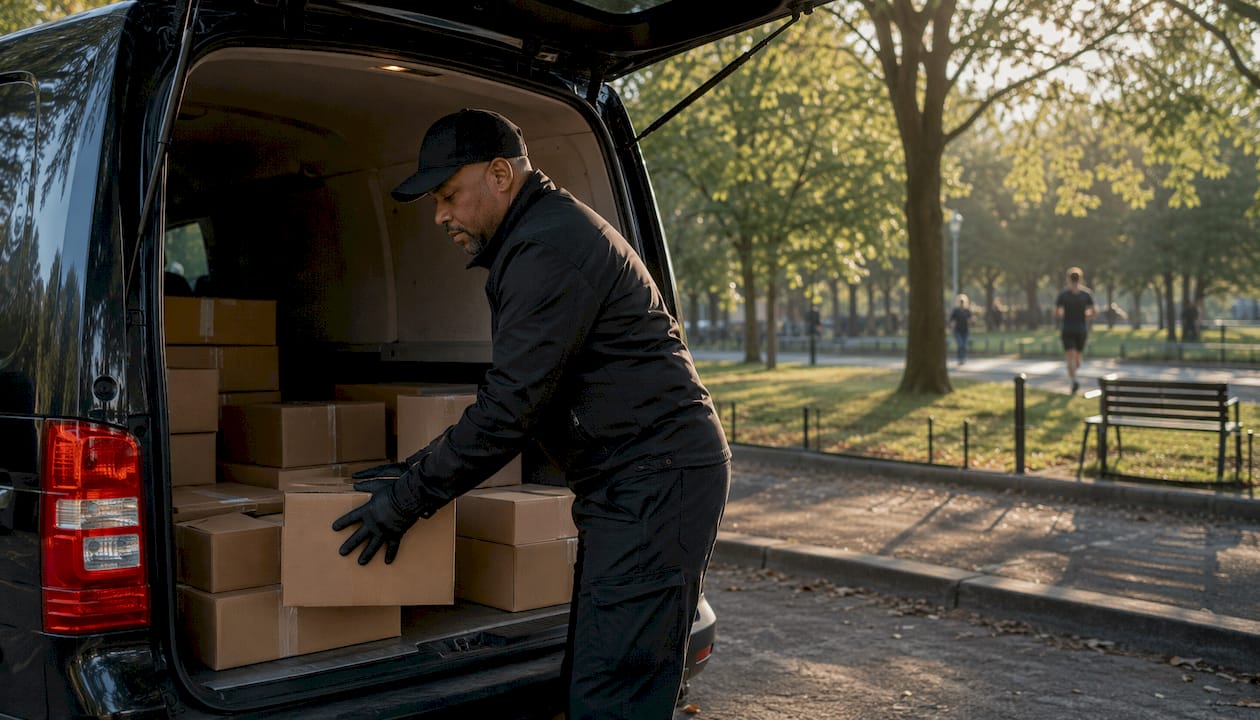 Courier loading parcels into delivery van