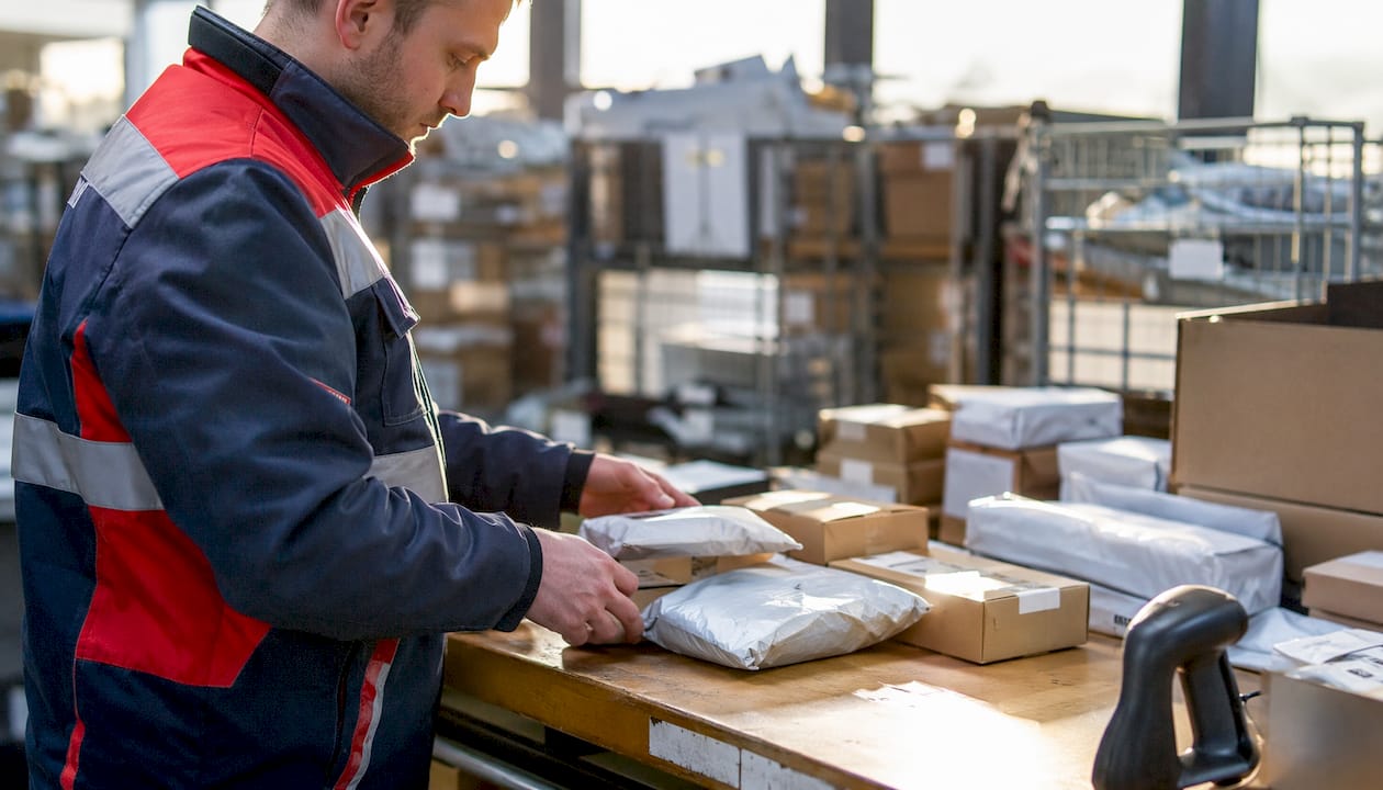 Postal worker sorting urgent parcels at Royal Mail