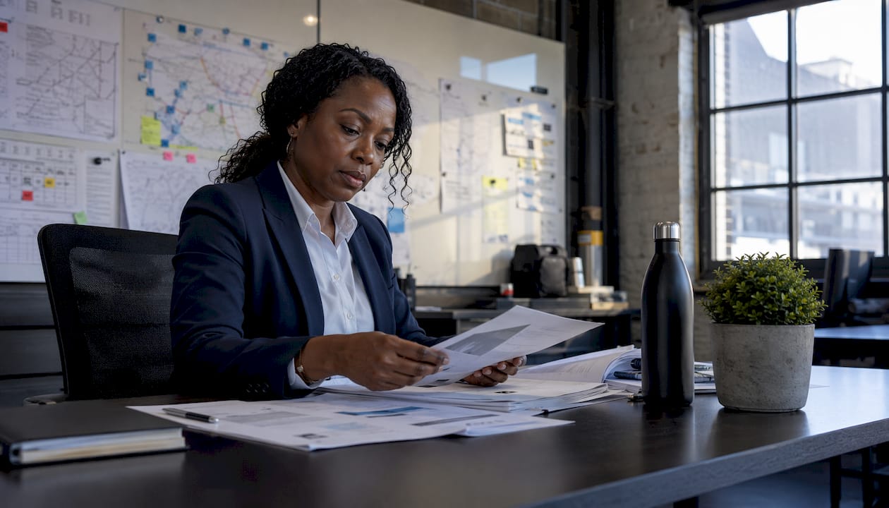 Courier manager reviewing urgent UK parcel schedules