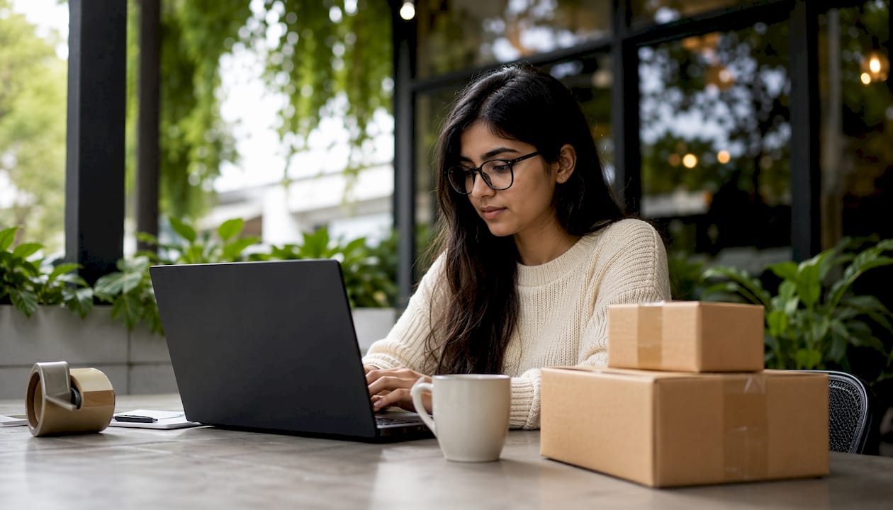 Woman booking urgent courier parcel at home desk