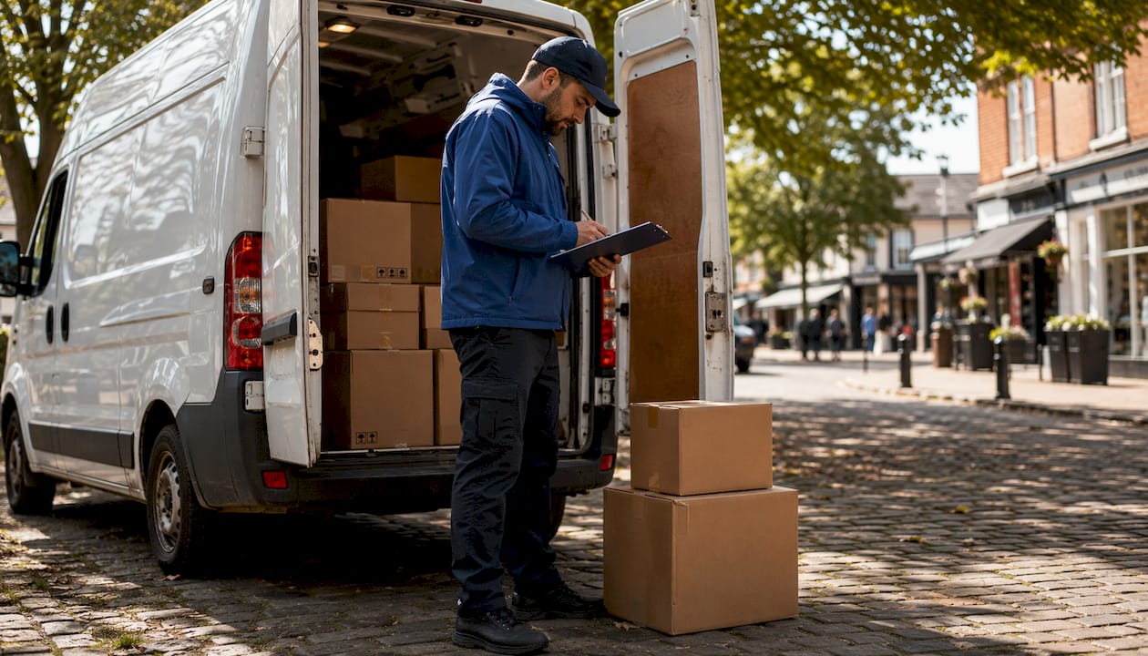 Courier loading packages into delivery van outdoors
