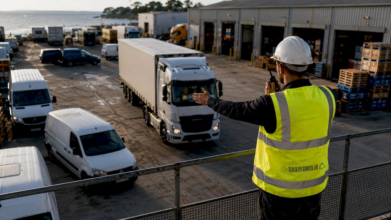 Logistics operator directs heavy goods vehicle loading