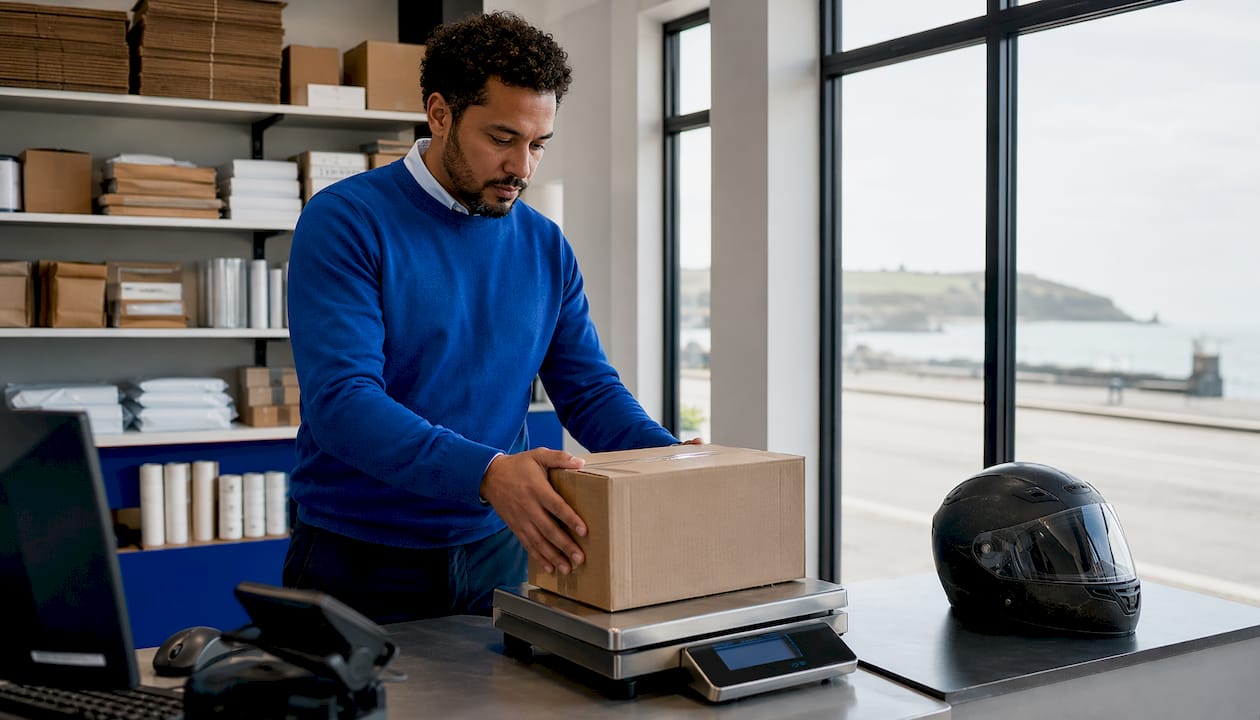 Man sending parcel at Plymouth courier office