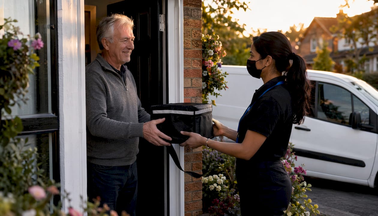 Courier delivering medication to patient at home