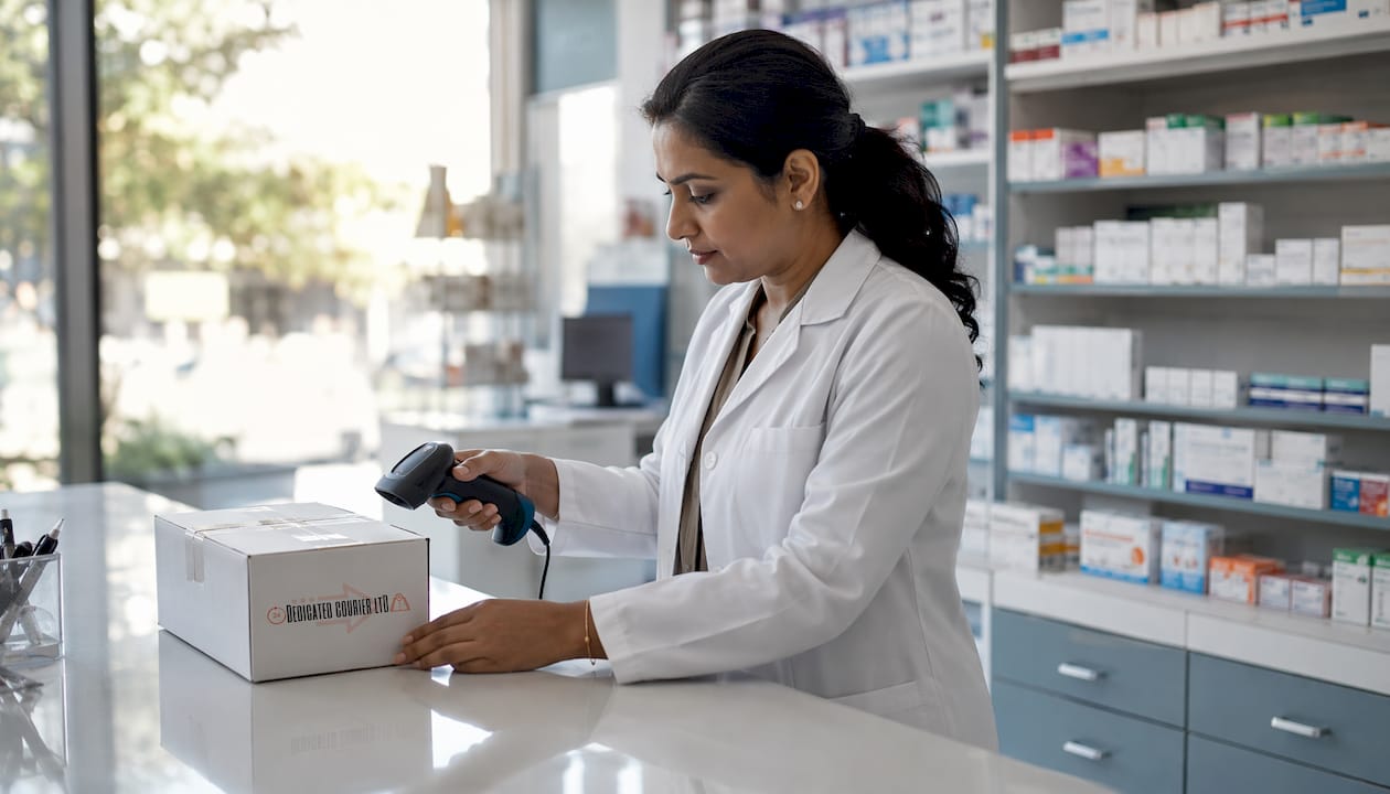 Pharmacist scanning medicine package barcode