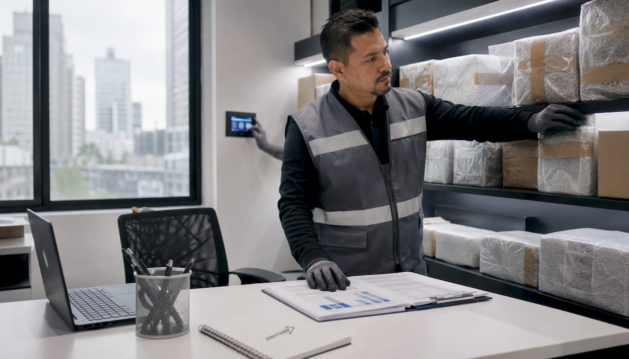 Worker handling fragile packages indoors