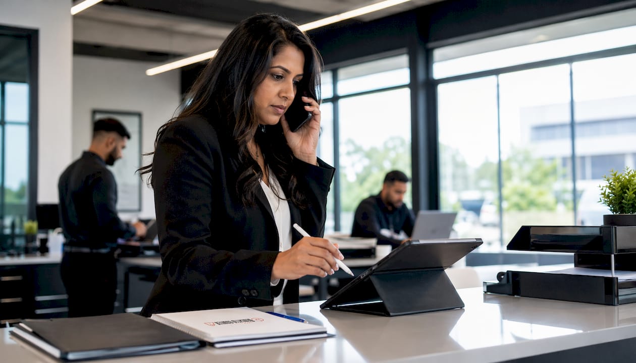 Courier coordinator managing deliveries in office