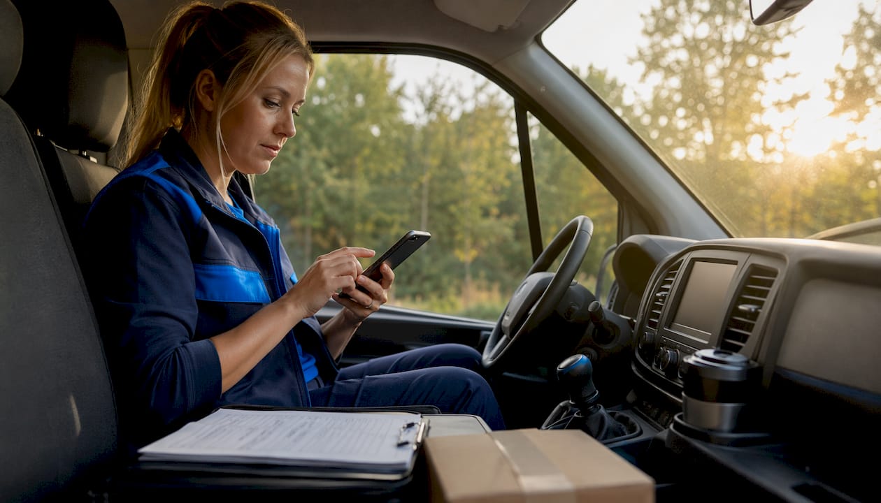 Courier driver using delivery tracking app inside van
