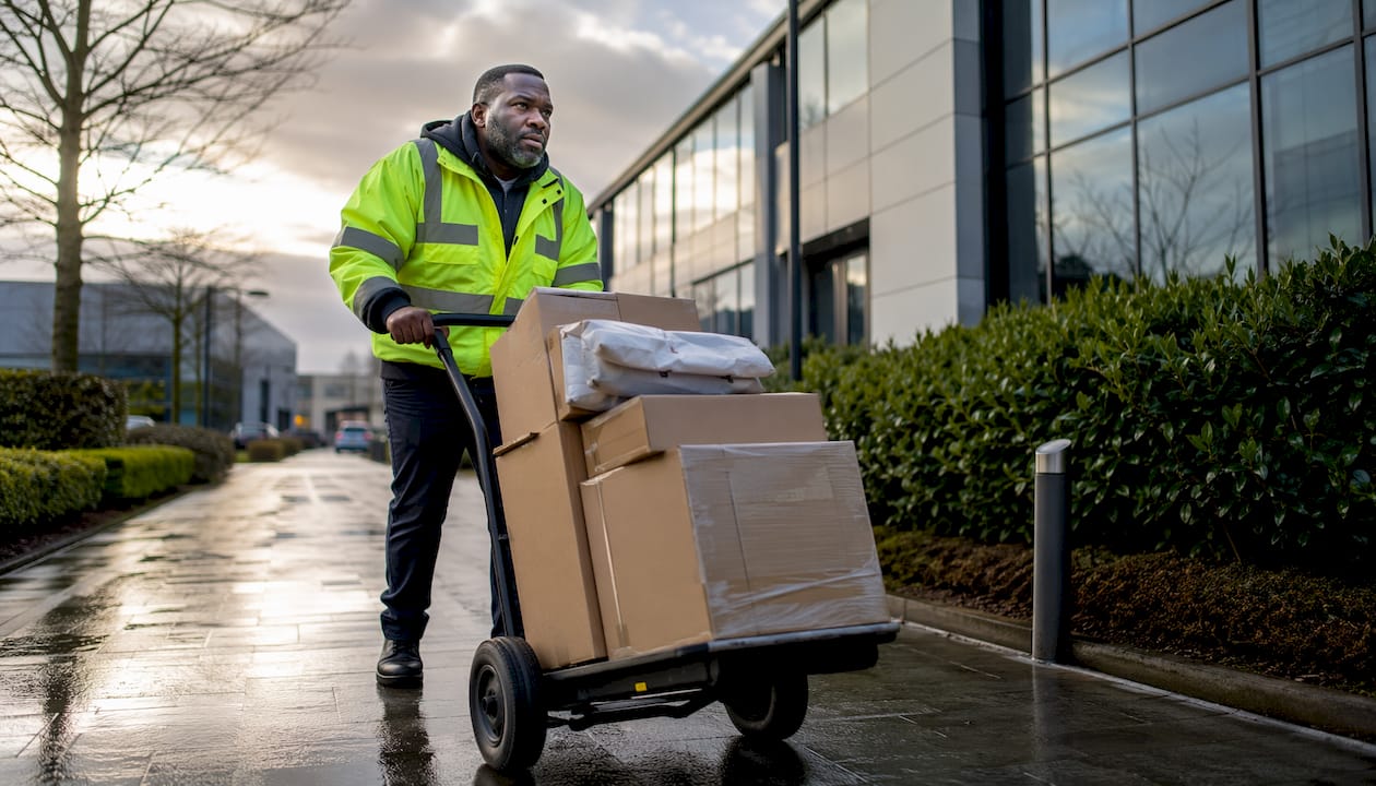 Courier delivering parcels at Ashford business park