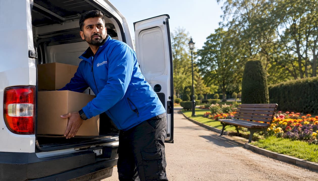Courier loading parcel into delivery van