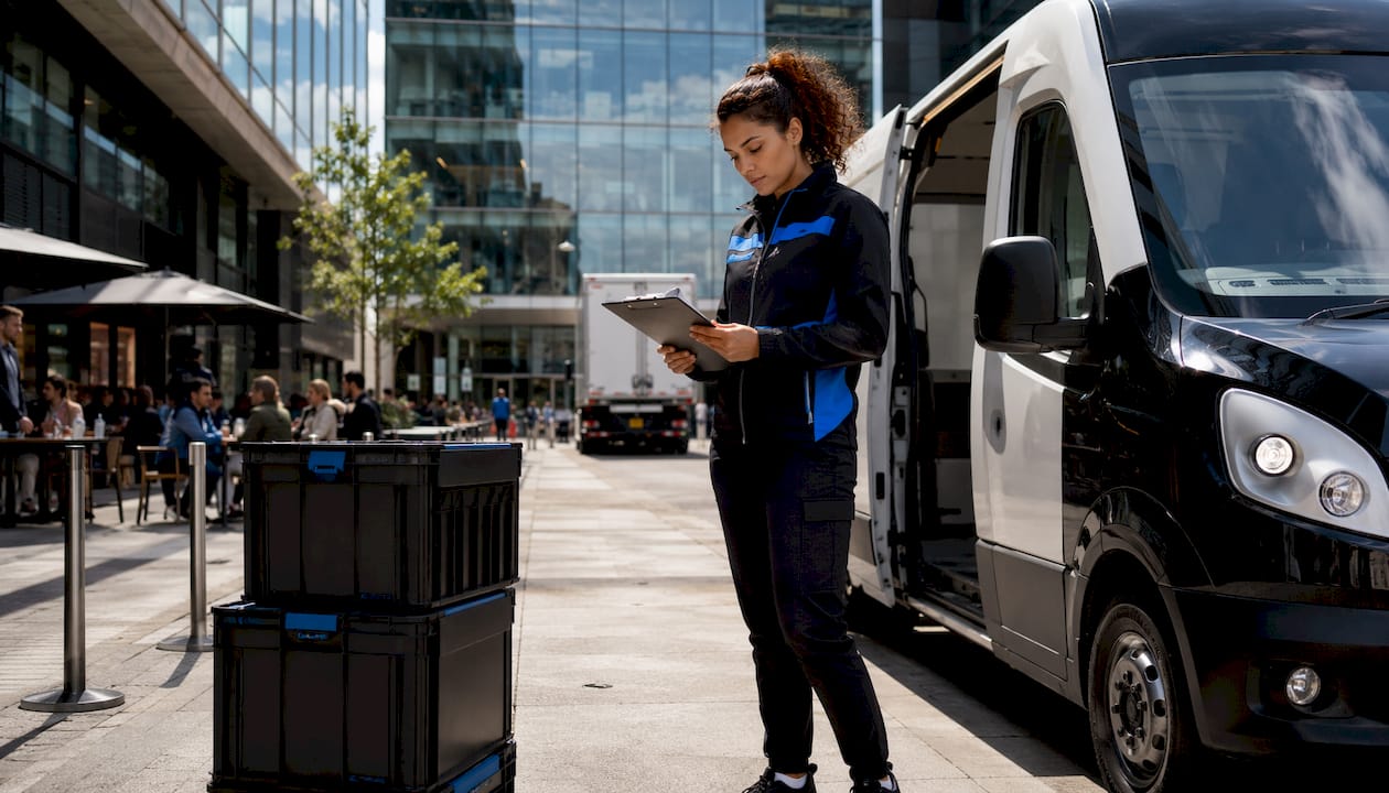 Courier checking delivery checklist by van